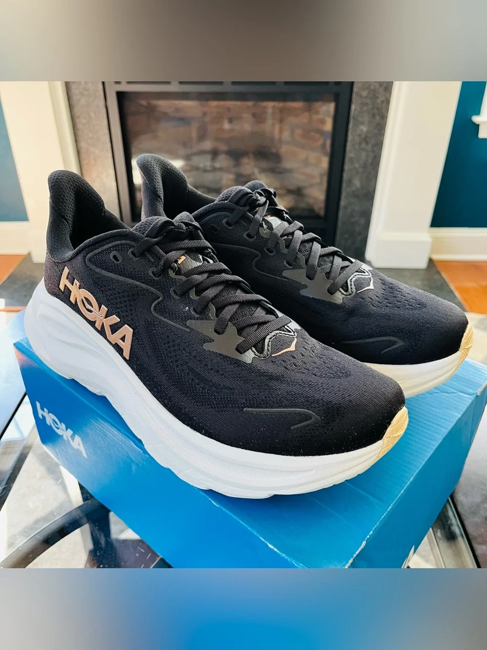 Sz 10 HOKA Clifton 10 Women's Running Shoes Black/Rose Gold 1162031/BRGL